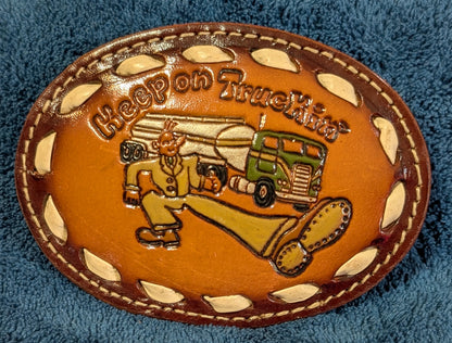 Vintage Genuine Leather “Keep on Truckin’” Belt Buckle with Buckstitch