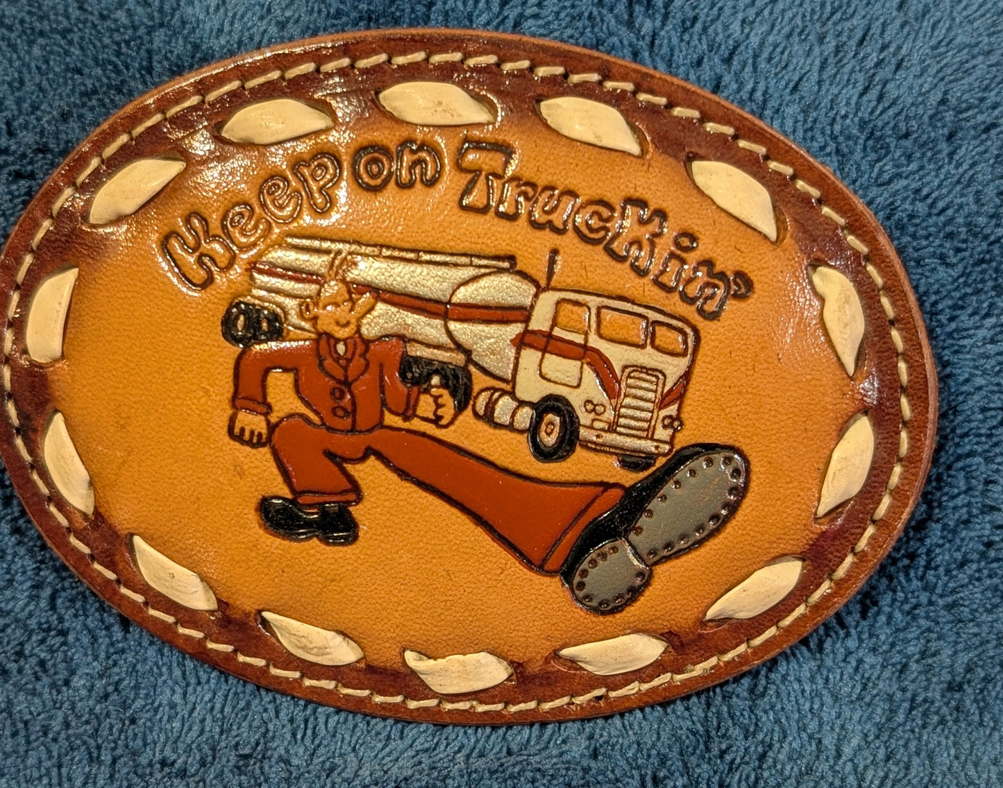 Vintage Genuine Leather “Keep on Truckin’” Belt Buckle with Buckstitch