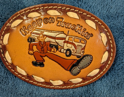 Vintage Genuine Leather “Keep on Truckin’” Belt Buckle with Buckstitch