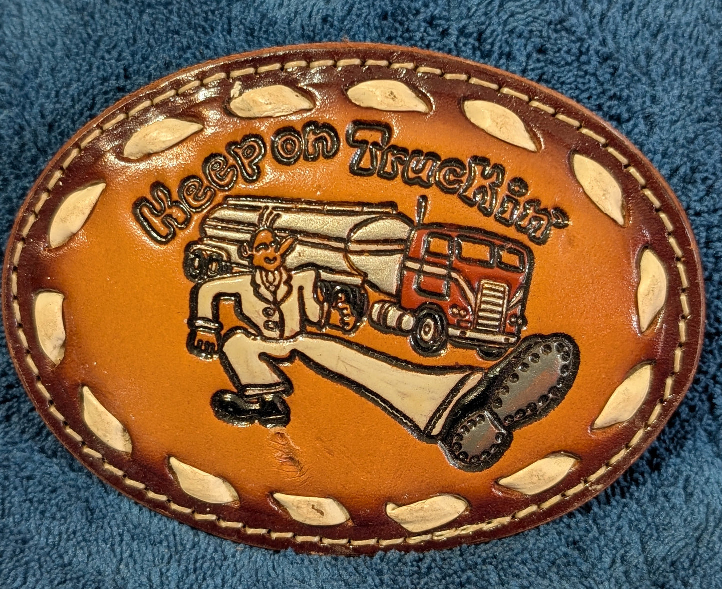 Vintage Genuine Leather “Keep on Truckin’” Belt Buckle with Buckstitch