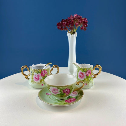 Lefton Hand Painted Tea Set. Cup Saucer Creamer Sugar Jar with Spoon. Roses Motif. Dining Room Table Decor. Tea Garden Party. Gift for Her.