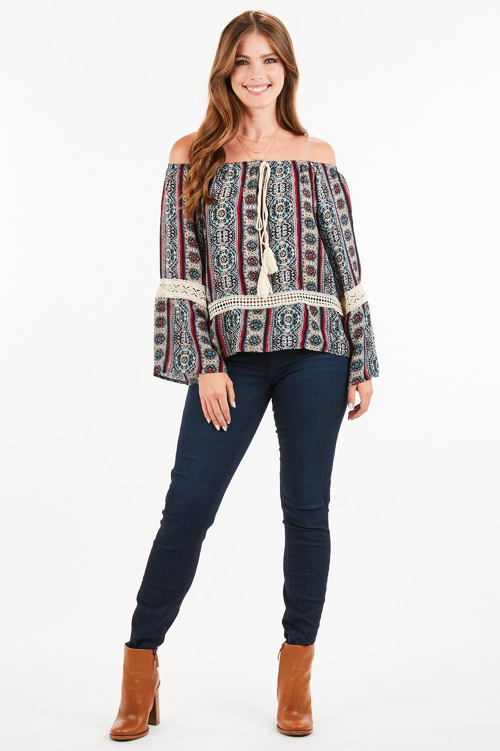 Women's Boho Off-Shoulder Blouse – Paisley Print with Tassels