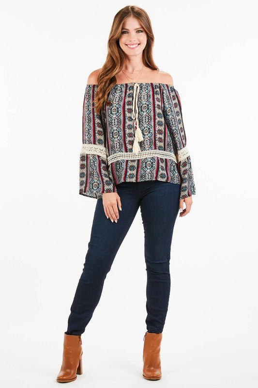 Women's Boho Off-Shoulder Blouse – Paisley Print with Tassels