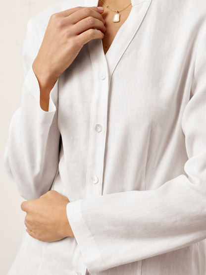 Linen-Lyocell Mandarin Collar Fitted Seam Shirt THORA