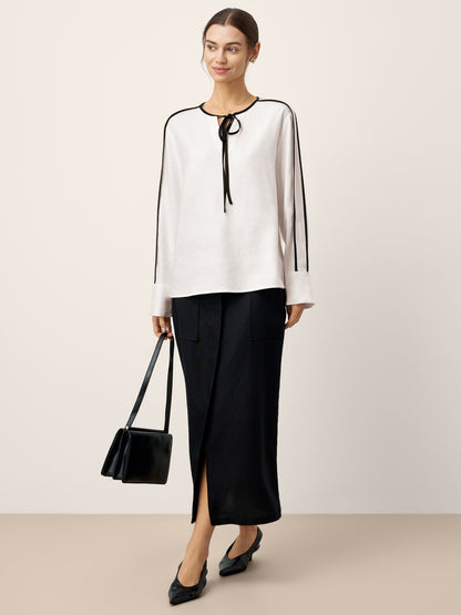 Linen-Lyocell Contrast Trim Tie-Neck Overtop VERA
