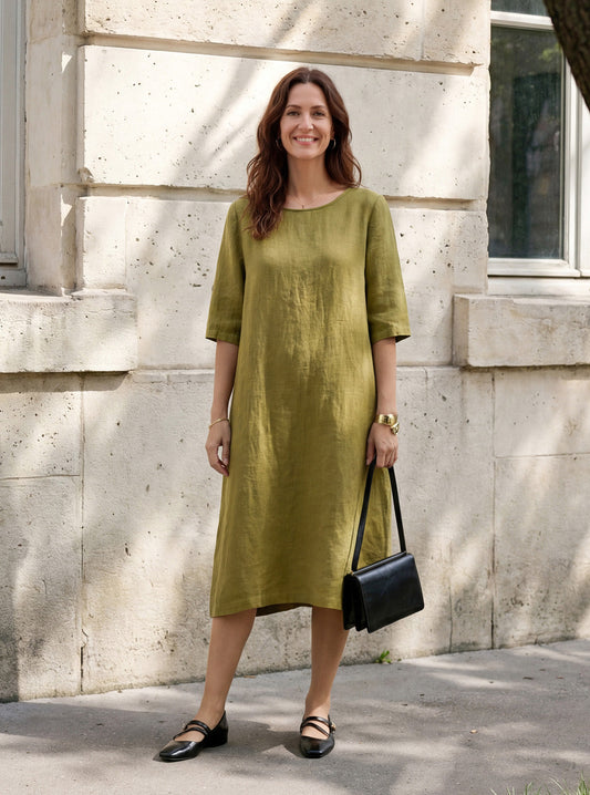 100% Linen Round Neck Back Placket Pleat Midi Dress PENELOPE