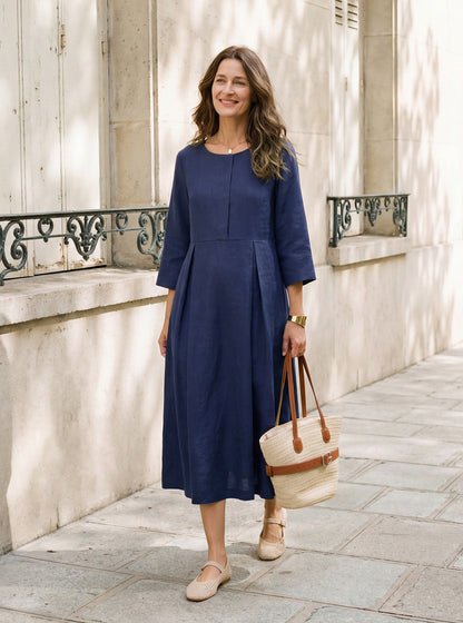 100% Linen Inverted Pleat Waist Button Midi Dress IMARA