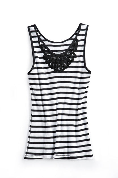 Women's Striped Sleeveless Tank Top with Crochet Lace Neckline