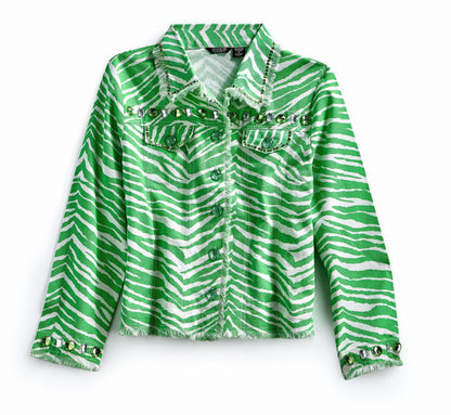 Women's Jewel Trimmed Zebra Print Canvas Jacket