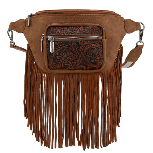 Montana West Fringe Fanny Pack – Western Tooled Leather Waist Bag with Adjustable Strap