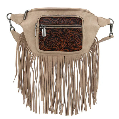 Montana West Fringe Fanny Pack – Western Tooled Leather Waist Bag with Adjustable Strap