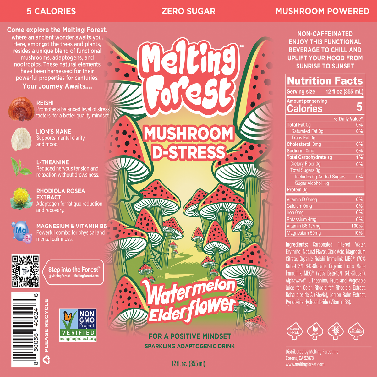 Mushroom D-Stress Drink 12 Pack - Watermelon Elderflower