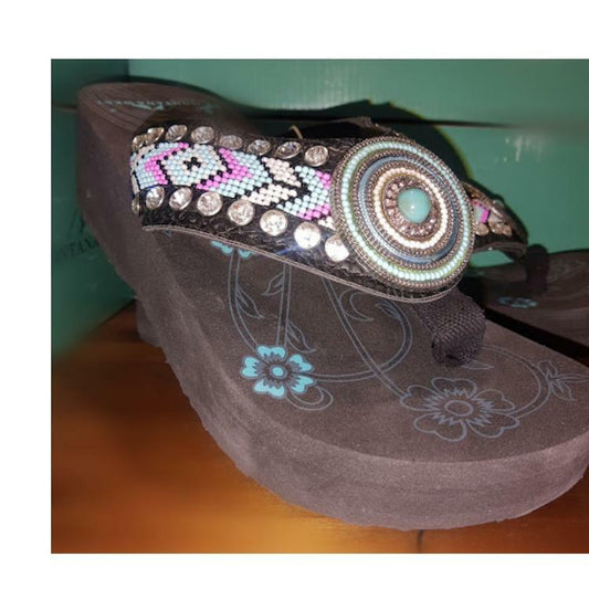 Pink and Turquoise Aztec Hand Beaded Flip Flops by Montana West