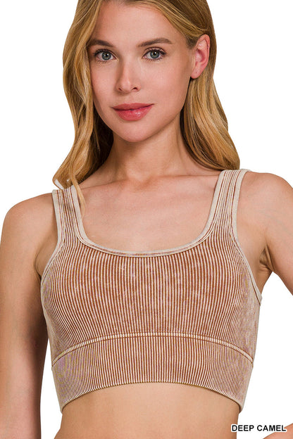 Women’s Washed Ribbed Seamless Crop Top with Removable Bra Pads – Stretch Comfort Fit