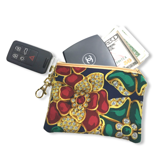 Navy Jewels Vintage Silk Scarf Coffee Run Keychain Bag