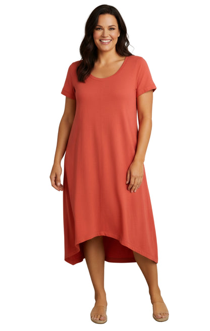 Women's Short Sleeve A-Line Knit Dress — Scoop Neck Asymmetrical Hem