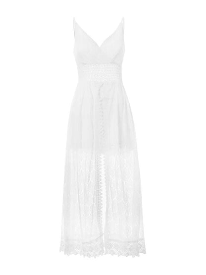Women's Floral V-Neck Lace Dress - Sleeveless Spaghetti Strap Boho Beach Vacation Dress with Side Split