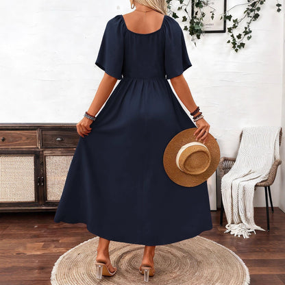 Ladies Spring Summer Bohemian Square Collar Fashion Elegant Generous Lotus Leaf Sleeve Women's Dress Dress