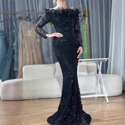 Black off Shoulder Feather Fishtail Gown Entry Lux Elegant Ladies Cocktail Host Evening Dress
