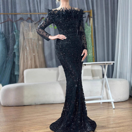 Black off Shoulder Feather Fishtail Gown Entry Lux Elegant Ladies Cocktail Host Evening Dress