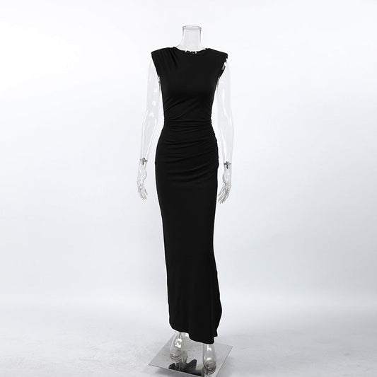 Adult Lady like Woman Wind Black Sleeveless Padded Shoulder Slim Fit Slit Sexy Dress Women Clothing Slimming Elegant Dress