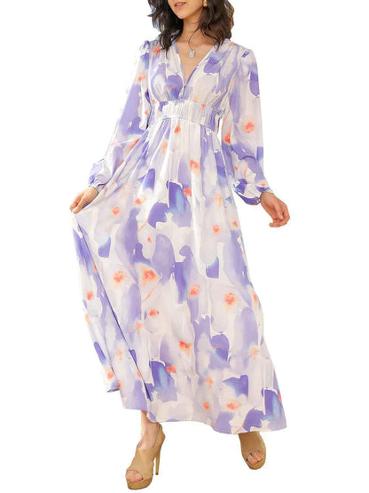 Bohemian female Long Lantern Sleeves Dress-Boho deep V printing high waist casual dress for women