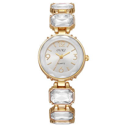 Women’s Gold Bracelet Quartz Watch with Black Crystal Dial