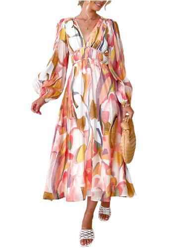 Bohemian female Long Lantern Sleeves Dress-Boho deep V printing high waist casual dress for women