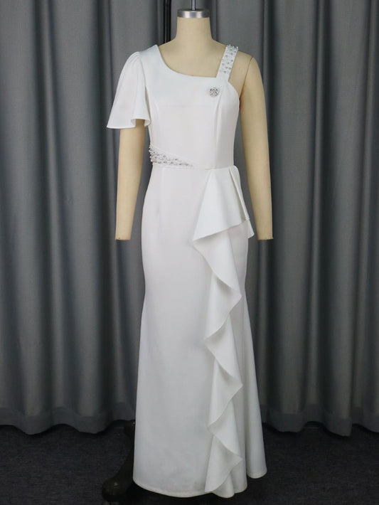 Unique One Shoulder Beaded Sling Party Dress Lotus Lining Cocktail Sheath Dress