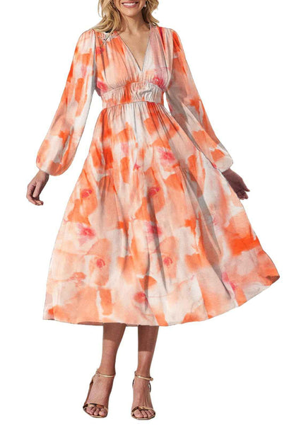 Bohemian female Long Lantern Sleeves Dress-Boho deep V printing high waist casual dress for women