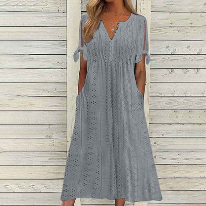 Women's Dress V-Neck Hollow Out Lace Long Dress Women