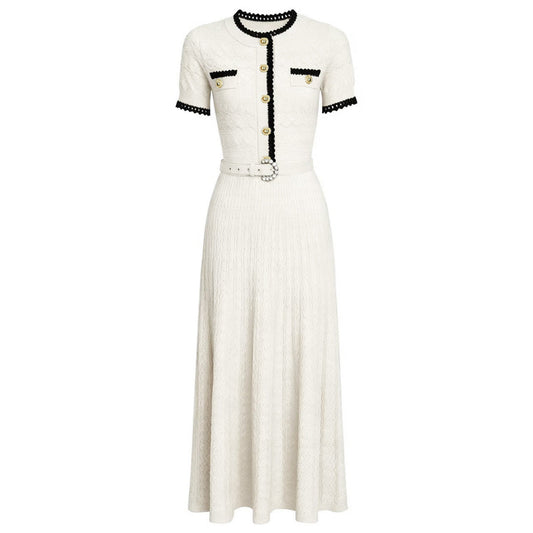 Summer Ladies Internet Popular Slim Fitting Figure Flattering Belt Short Sleeve Long Pattern Dress Women