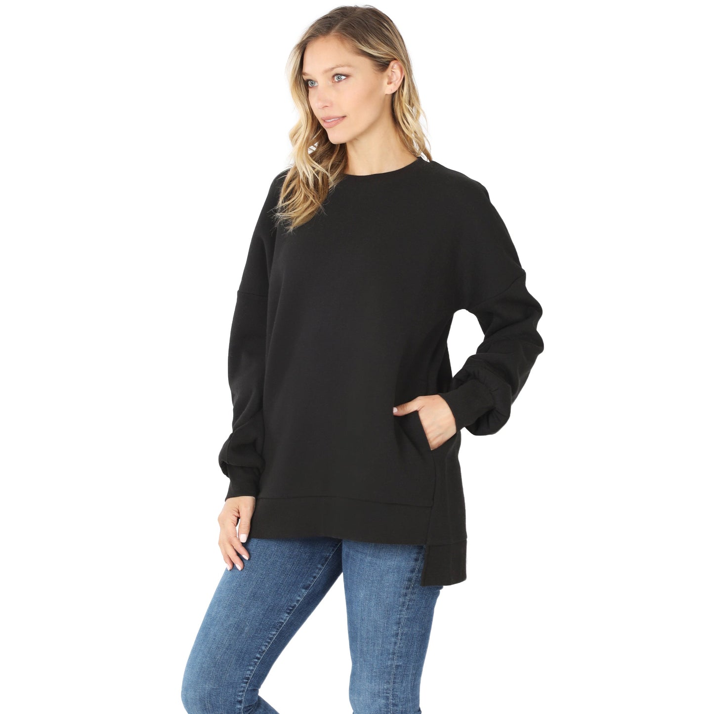 Zenana Long Sleeve Round Neck Hi-Low Hem Top