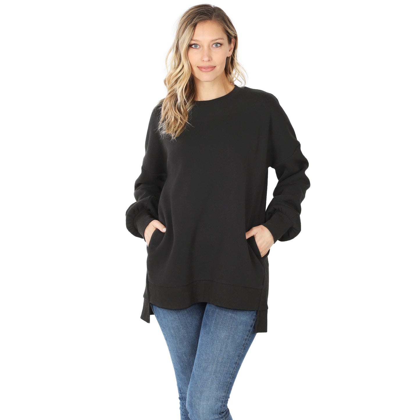 Zenana Long Sleeve Round Neck Hi-Low Hem Top