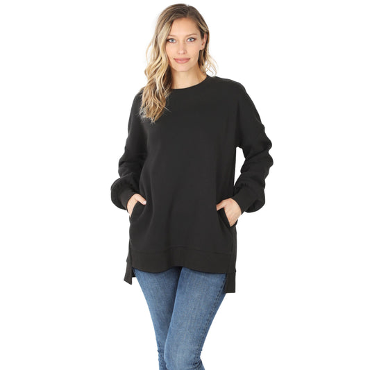 Zenana Long Sleeve Round Neck Hi-Low Hem Top