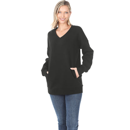 Zenana V-Neck Long Sleeve Sweatshirt with Pockets- Black