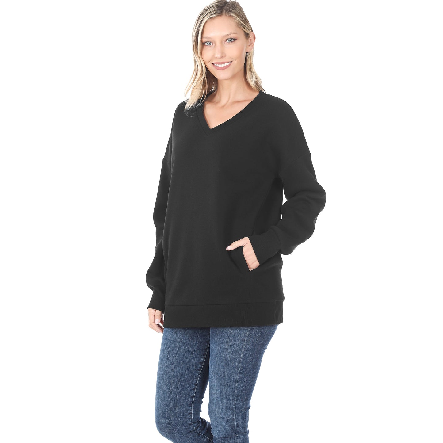 Zenana V-Neck Long Sleeve Sweatshirt with Pockets- Black
