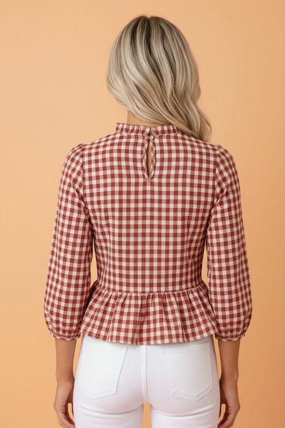 Gingham Shirred Long Sleeve Peplum Top