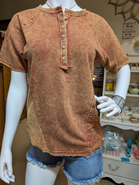 Zenana Crinkled Washed French Terry Henley Top – Button Front & Cozy Feel
