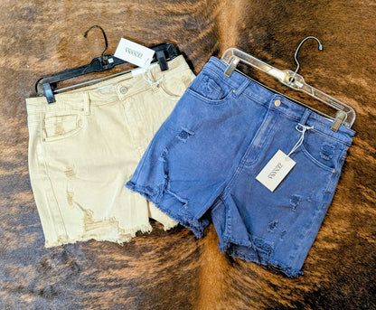 Zenana Distressed Raw Hem Denim Shorts – High Rise Stretch Cutoffs