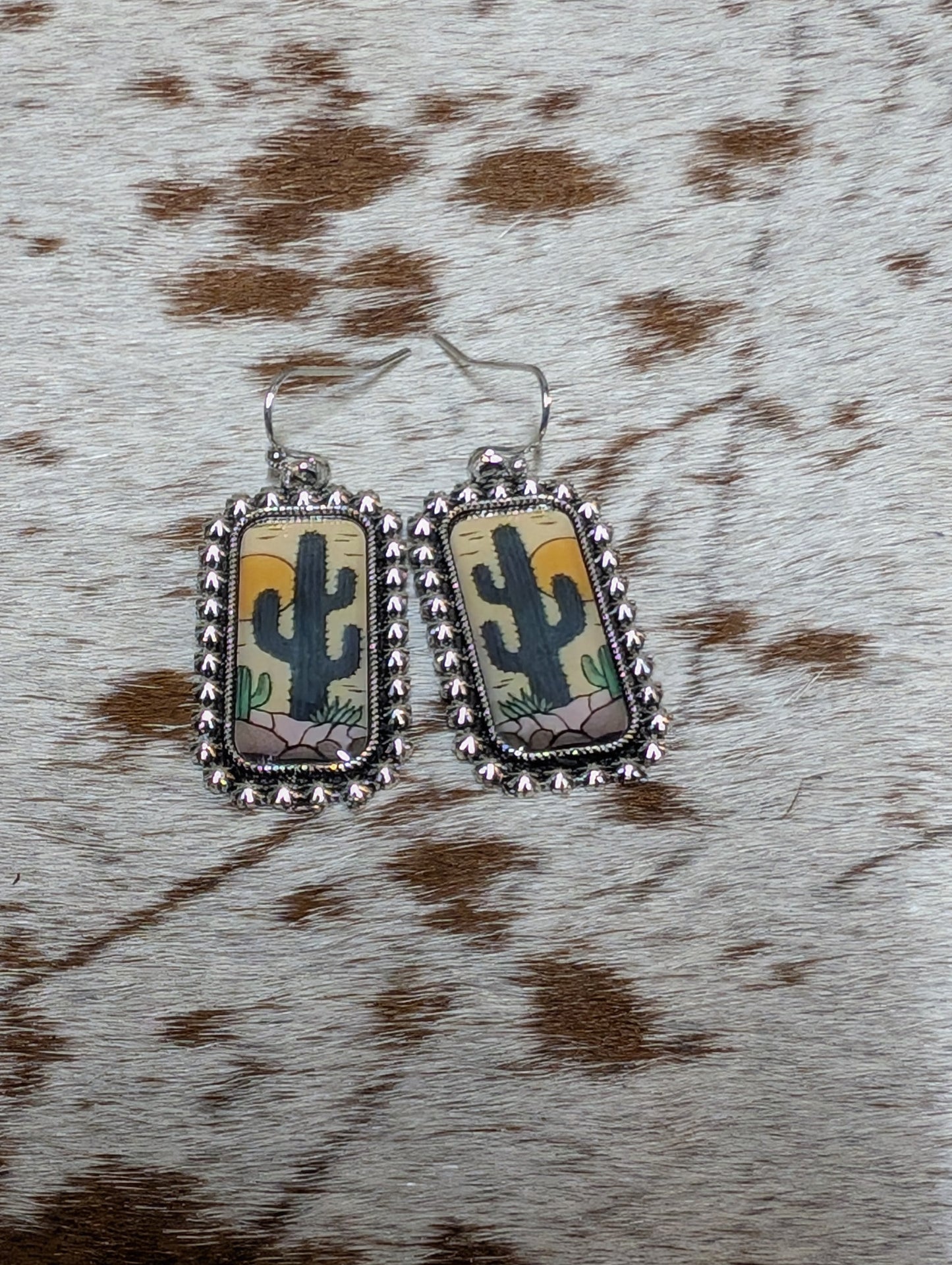 Western Cactus Drop Earrings – Desert Scene with Silver Trim