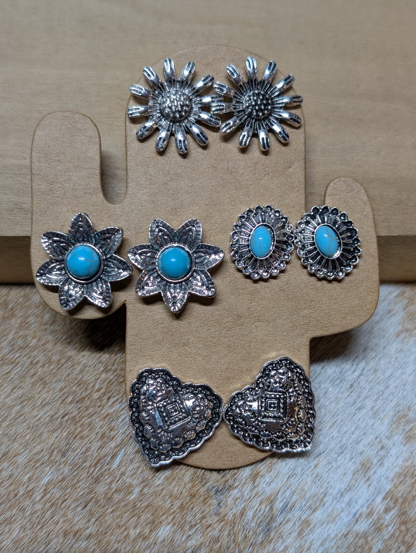 Western Mix & Match Stud Earrings – 4-Pair Assorted Card (Each Card Unique)
