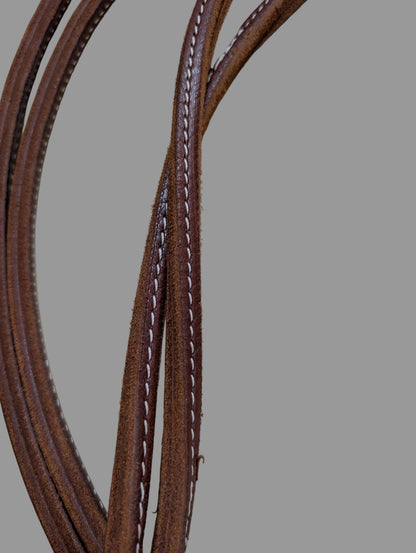 Rolled & Sewn Harness Leather 8 ft Reins with Leather Poppers & Water Loop Ends
