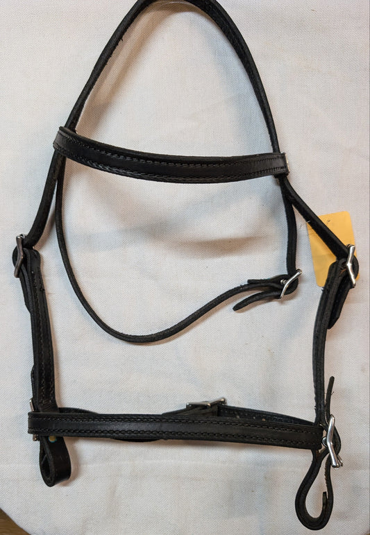 Black Leather Horse Headstall with Built-In Cavesson Noseband