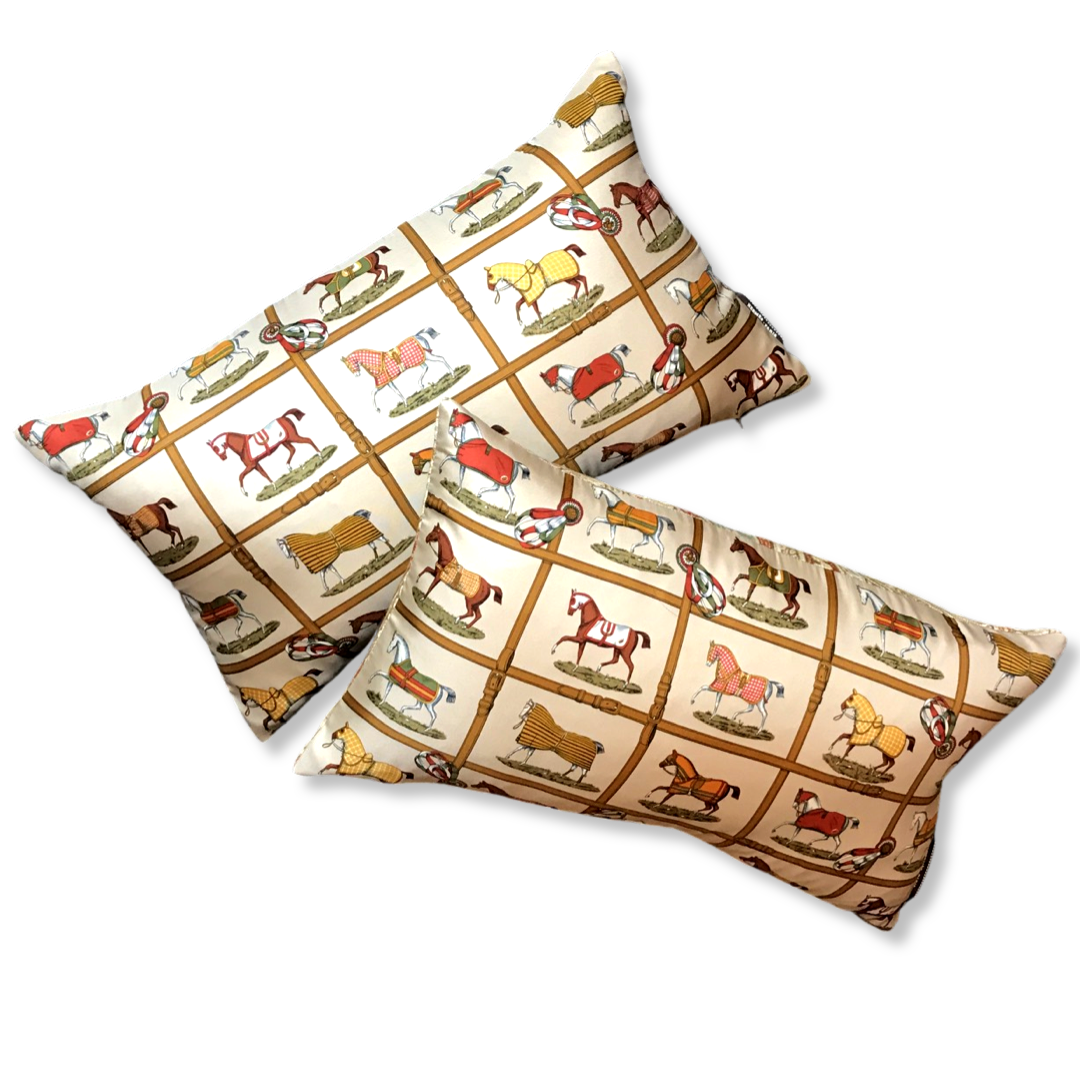 Petites Chevaux Beige Vintage Silk Scarf Pillows