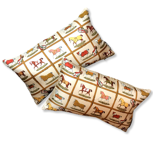 Petites Chevaux Beige Vintage Silk Scarf Pillows