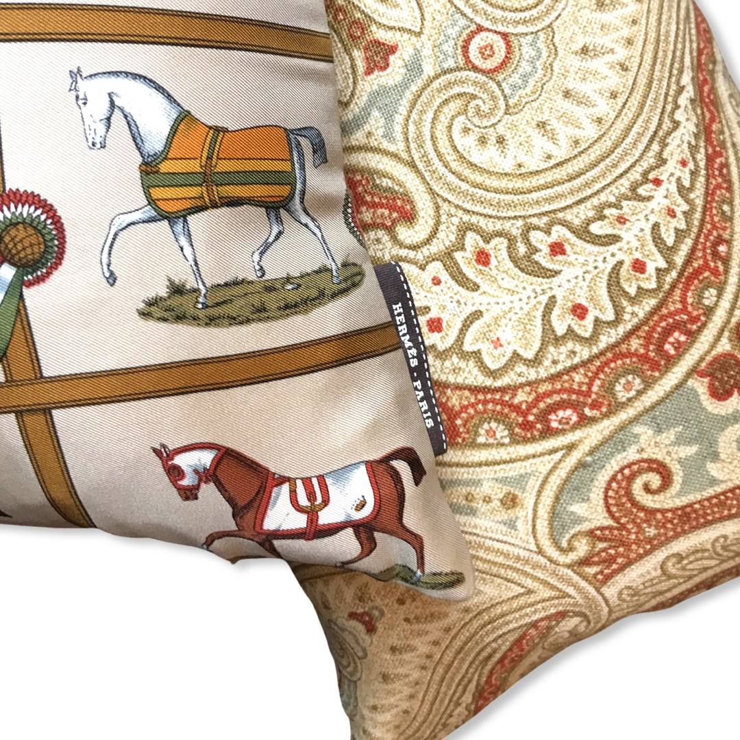 Petites Chevaux Beige Vintage Silk Scarf Pillows
