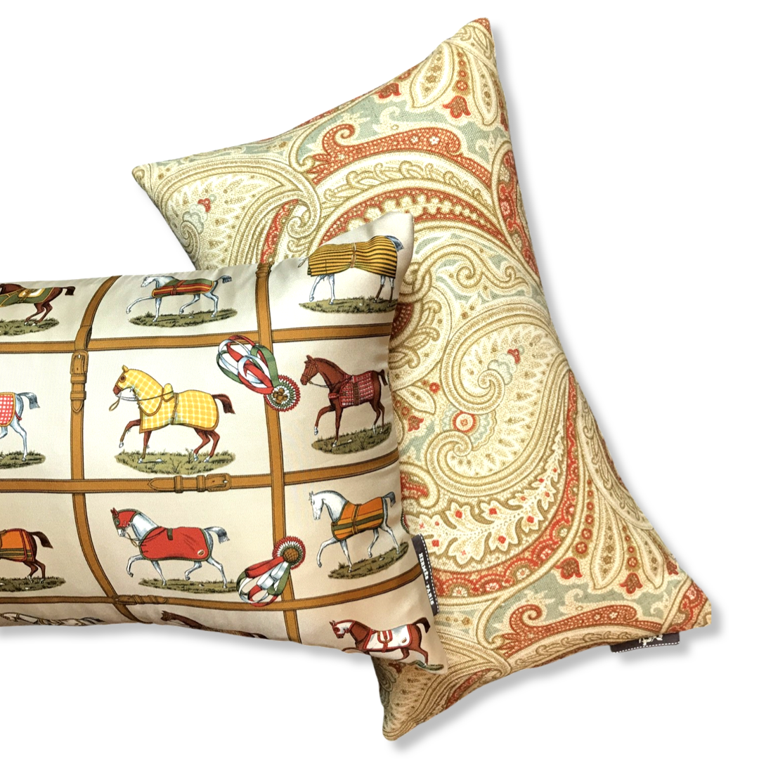 Petites Chevaux Beige Vintage Silk Scarf Pillows