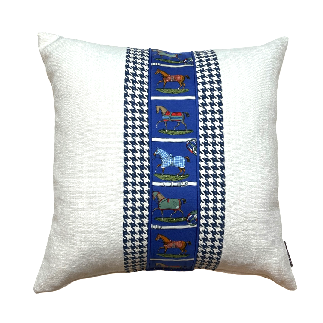 Petites Chevaux Blue Houndstooth Vintage Silk Scarf Pillows