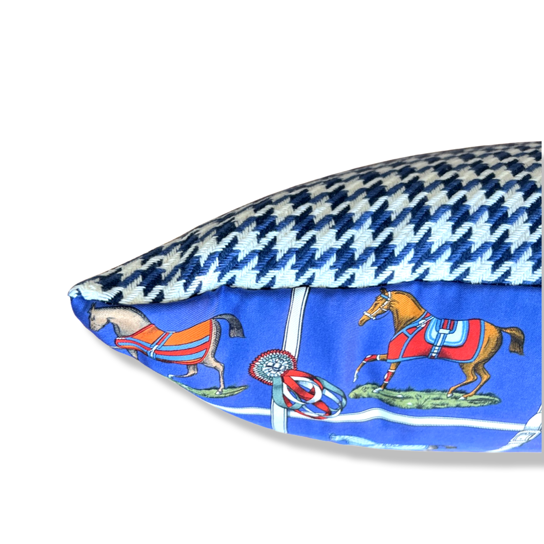 Petites Chevaux Blue Houndstooth Vintage Silk Scarf Pillows